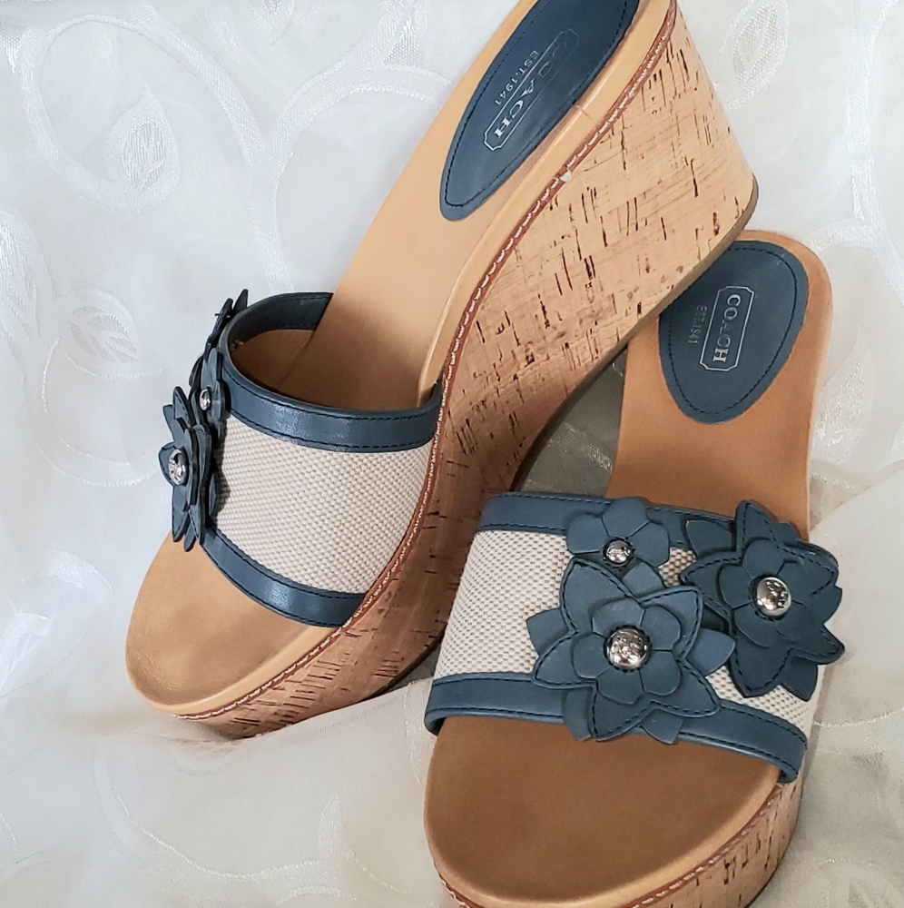 Blue Coach wedge slip on sandals